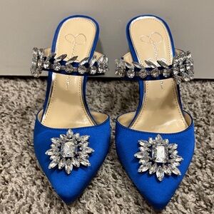 Jessica Simpson Blue Satin Heels with Crystal Accents